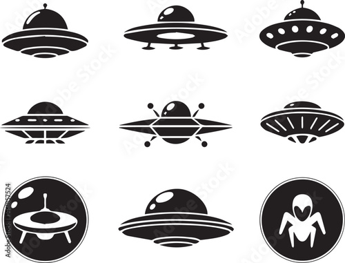 Collection of black and white ufo silhouettes with classic flying saucer designs