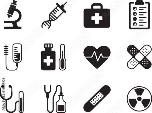 Black and white medical icons set healthcare symbols silhouette collection