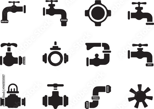 Set of plumbing elements black silhouette collection faucets valves pipes and fittings