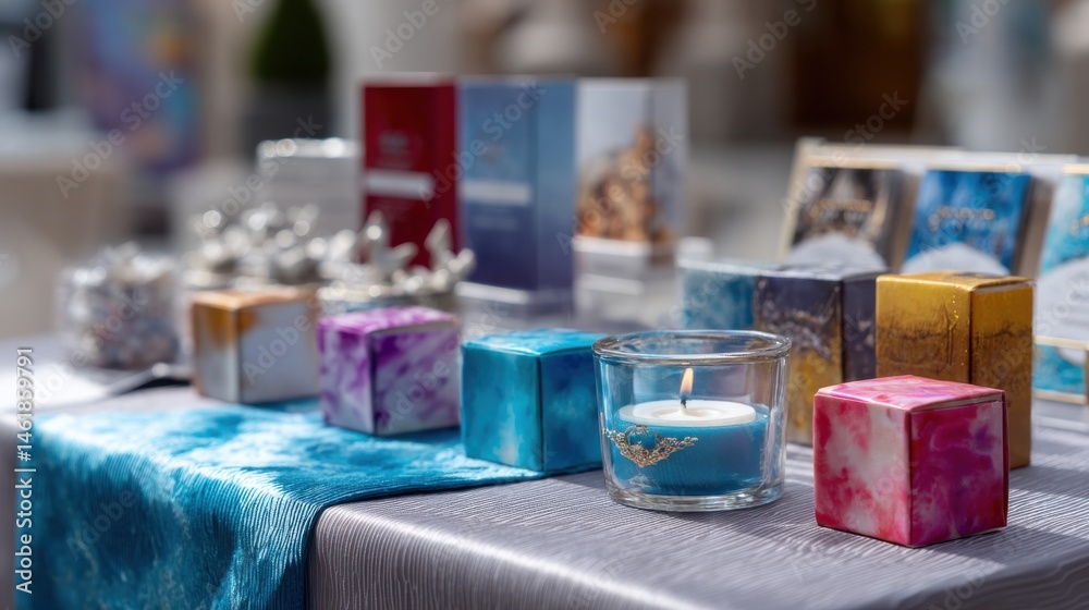 Childrens product table with colorful cartoon branding samples