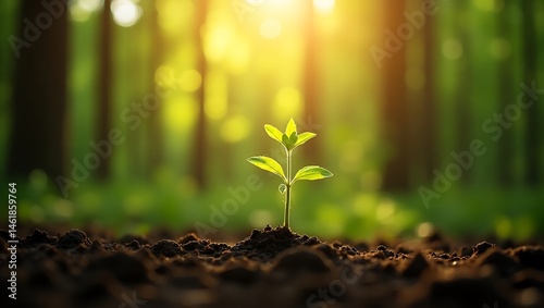 Young sprout of a green plant grows from the soil in the forest, a new life in nature