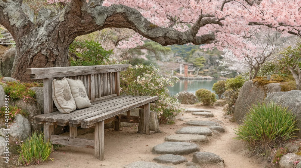 Obraz premium Serene Japanese Garden Bench with Cherry Blossoms
