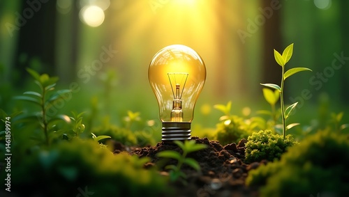 Bright electric light bulb glowing with the concept of green energy in the grass