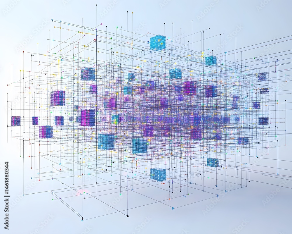 Fototapeta premium A dynamic abstract representation of data networks, showcasing colorful cubes and interconnected lines that symbolize digital connectivity and advanced technology concepts.
