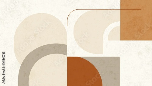 Geometric Abstract Composition Featuring Circles Semicircles and Rectangles in Beige Terracotta and Gray Minimalist Design with Earthy Tones Neutral Palette and Speckled Texture