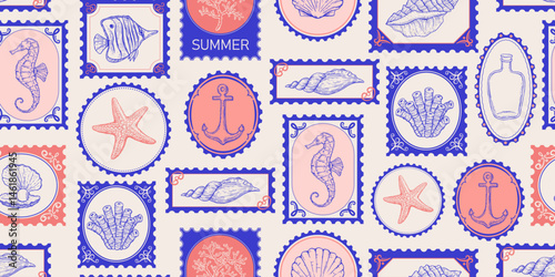 Seamless pattern with sea, summer style postage stamps. Underwater creatures, starfish, sea  horse, coral, fish. Hand drawn style.