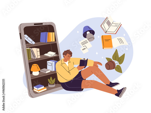 Person reads electronic book with phone app. Reader with digital novels on smartphone. Student learning, studies with ebook. Concept of online library. Flat isolated vector illustration on white
