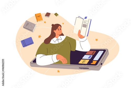 Student studies with electronic textbook in smartphone app. Girl reads book, digital novels on phone. Reader enjoys stories on ebook. Online library concept. Flat isolated vector illustration on white