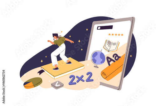 Happy student learning with textbooks, books from online library. Girl studies in web app in Internet. Concept of e-learning, distance education. Flat isolated vector illustration on white background