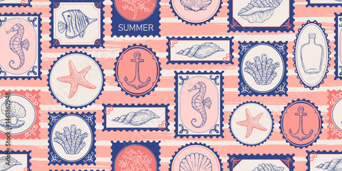 Seamless pattern with sea, summer style postage stamps. Underwater creatures, starfish, sea  horse, coral, fish. Hand drawn style.