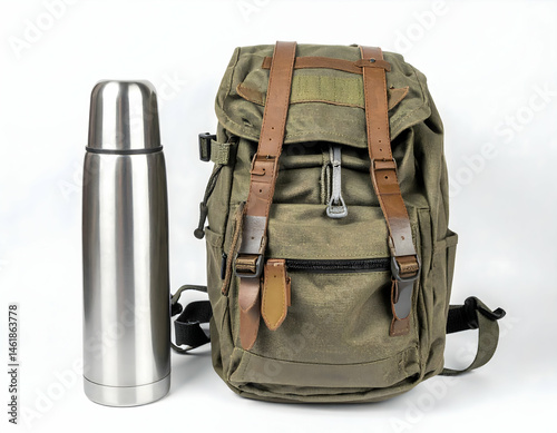 A black backpack isolated on a white background with handle, zipper, and pockets, suitable for travel, school, or hiking