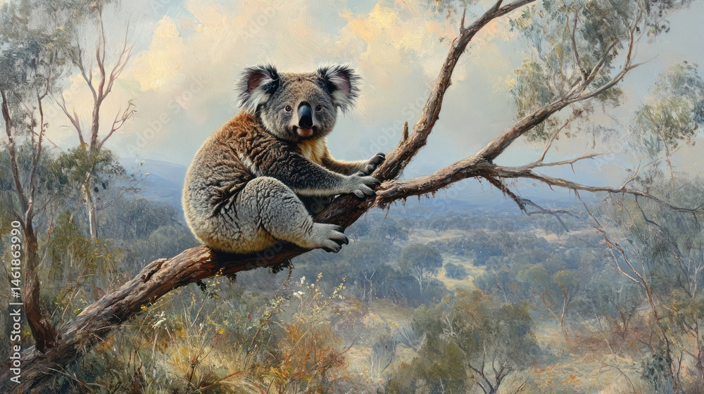 Koala perched on branch, Australian landscape