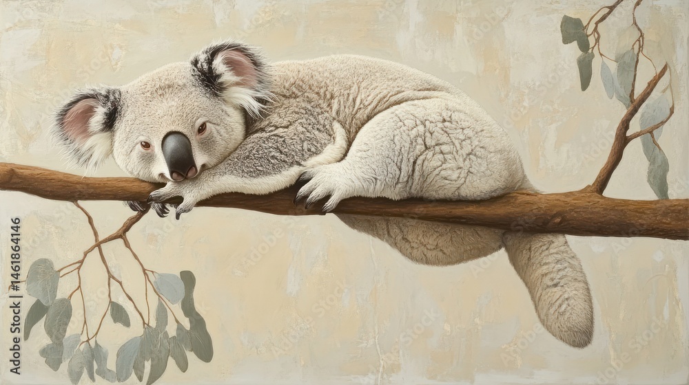 Sleepy Koala on Eucalyptus Branch