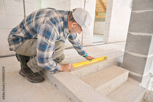 Obraz na płótnie A construction worker is carefully using a level tool to ensure that the steps are perfectly aligned and stable, showcasing attention to detail in building progress w salonie