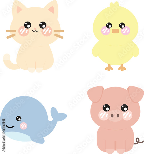 Cute kawaii animals cartoon vector. Cat, chicken, whale and pig cartoon clipart