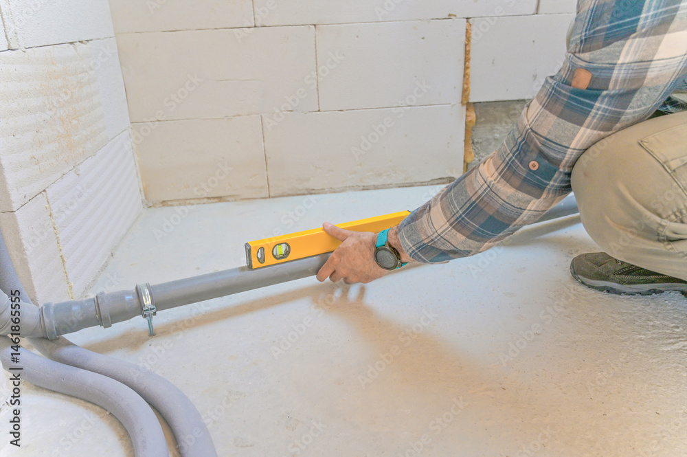 A person is using a spirit level tool to check the alignment of pipes on a concrete floor, demonstrating precision in plumbing work and attention to detail in construction projects