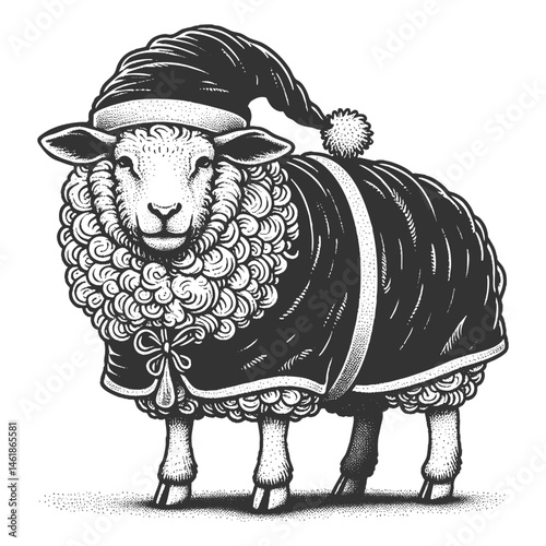 sheep wearing a Santa Claus hat and coat, blending holiday cheer with whimsical farmyard style sketch engraving generative ai vector illustration. Scratch board imitation. Black and white image.