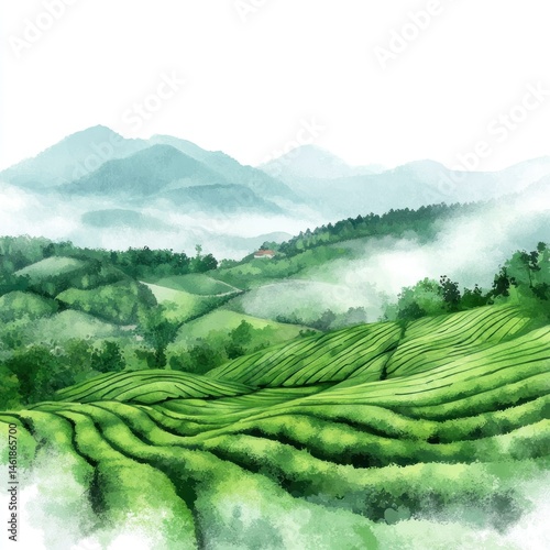 Misty mountain tea plantation landscape. Lush green tea fields, rolling hills, and a tranquil atmosphere