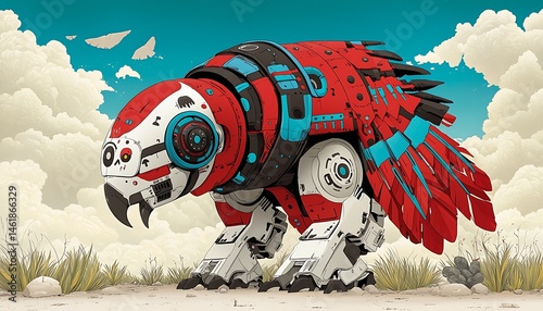 Mechanical parrot, futuristic bird, standing in desert