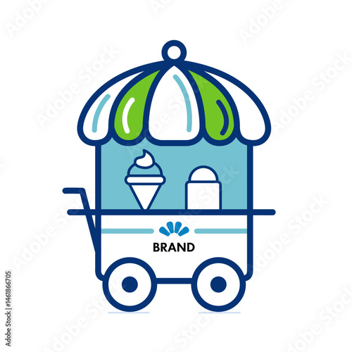 Blue and white ice cream cart with a green umbrella and the word brand on it. The cart is filled with ice cream and other treats