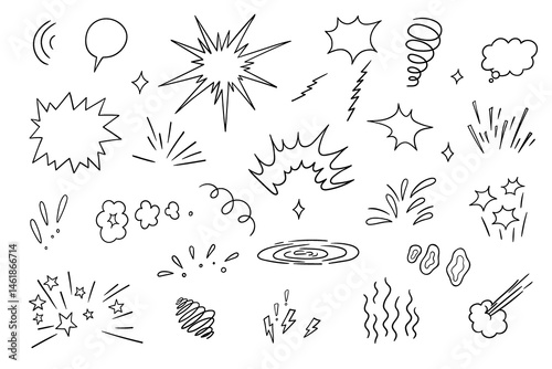 Fotografie Comic Style Doodle Elements Speech Bubbles, Explosions, and Effects Set