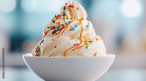 A tempting bowl of soft serve ice cream, adorned with vibrant sprinkles and drizzled with caramel, perfect for anyone seeking a delightful dessert experience.