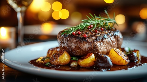 This exquisite gourmet steak is perfectly plated with roasted vegetables, showcasing culinary craftsmanship and exceptional quality for an unforgettable dining experience.