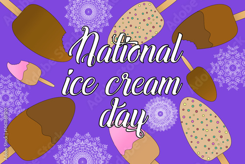 Summer vector illustration featuring several popsicle on wooden sticks, and snowflakes on purple background. National Ice Cream Day inscription. Ideal for summertime, dessert, and celebration design.