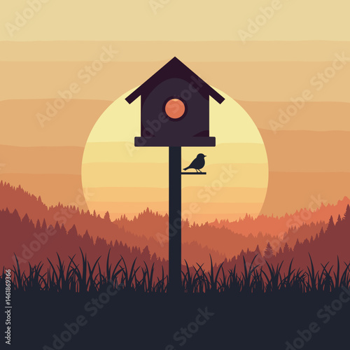 Birdhouse on Pole at Sunset for Nature Blogs 