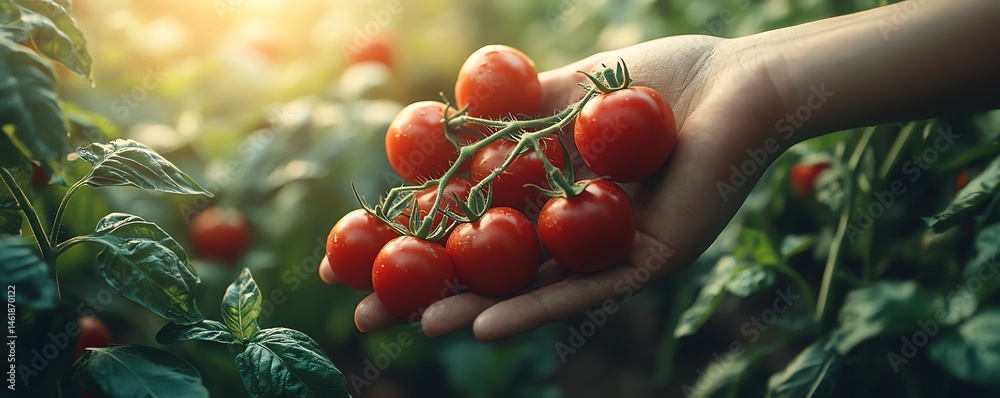 Bountiful garden harvest with ripe red tomatoes and basil leaves being picked, ecoliving theme, photorealistic textures, AIgenerated 8K visual