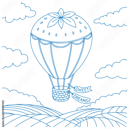 Coloring Page of a serene landscape with colorful hot air balloons in the sky