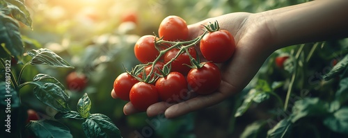 Obraz na płótnie Bountiful garden harvest with ripe red tomatoes and basil leaves being picked, ecoliving theme, photorealistic textures, AIgenerated 8K visual w salonie