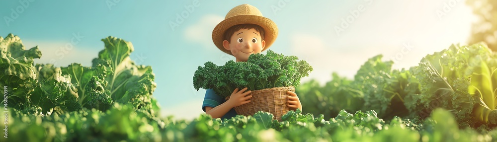 Harvest time on the farm, farmer presenting kale bunch with pride, clear sky, earthy soil background, vibrant greenery, AIgenerated illustration