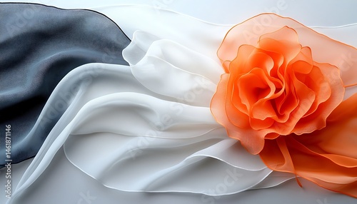 Soft, flowing fabrics in white and gray, accented by an orange flower