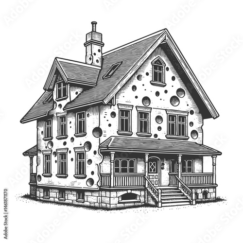 house with walls that resemble Swiss cheese, complete with holes and textured patterns sketch engraving generative ai vector illustration. Scratch board imitation. Black and white image.