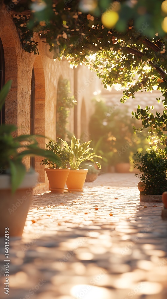 Fototapeta premium Sunlit pathway through architectural landscape with potted plants