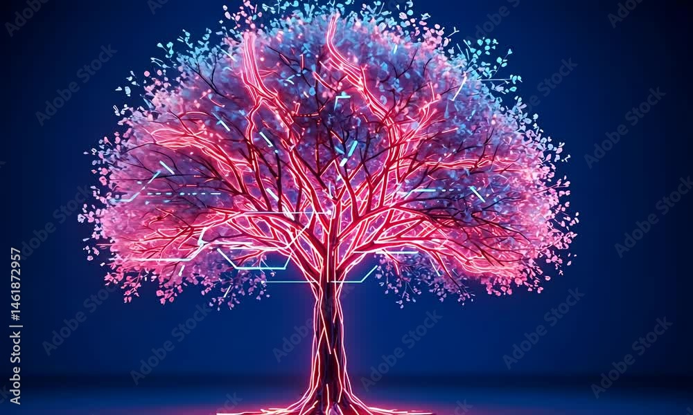 Futuristic tree with neon lights and branches on a dark blue background gives a techy vibe
