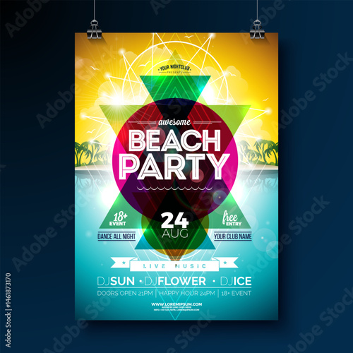 Summer Beach Party Flyer Design with Abstract Design Elements and Typography Lettering on Tropical Island Background. Vector Summer Holiday Illustration with Exotic Palm Leaves and Flower for Banner