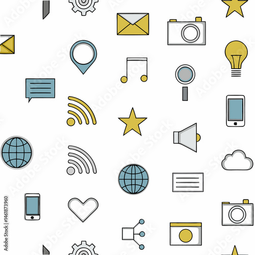 A vector web icons set features various communication symbols like mail, phone, computer, and network designs for internet and business contact