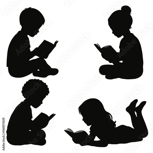Silhouette of children reading a book 