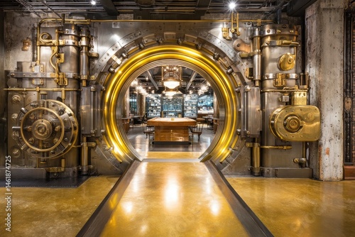 Massive vault-like entrance leads to a sophisticated interior.  A golden circular doorway, recessed into a large metal vault, opens to a dimly lit, elegant room