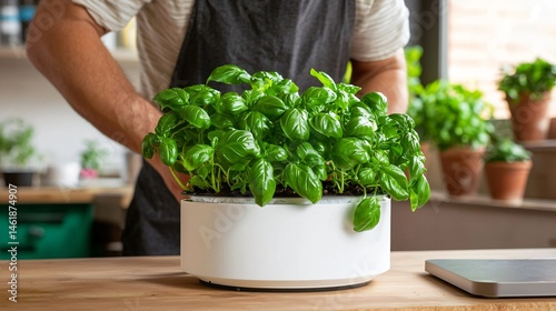 Minimalist hydroponic setup inside a clean modern room, vibrant green basil leaves growing under LED panels, empty worktable in the foreground, smooth walls, bright ambient lighting, high clarity