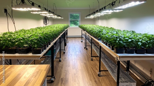 Minimalist hydroponic setup inside a clean modern room, vibrant green basil leaves growing under LED panels, empty worktable in the foreground, smooth walls, bright ambient lighting, high clarity