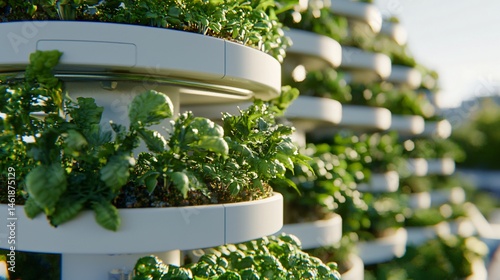 Balanced hydroponic plant rows with vertical spacing, compact tower units in center of frame, ample breathing space in surrounding area, clean futuristic layout