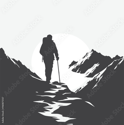 silhouette of a Hiker Journeying Through a Mountain Path in black and white