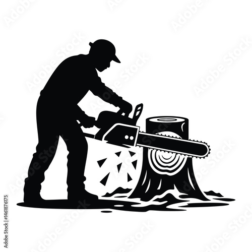 Chainsaw carving Silhouette, Vector, Illustration, Icon, Logo, White Background.
