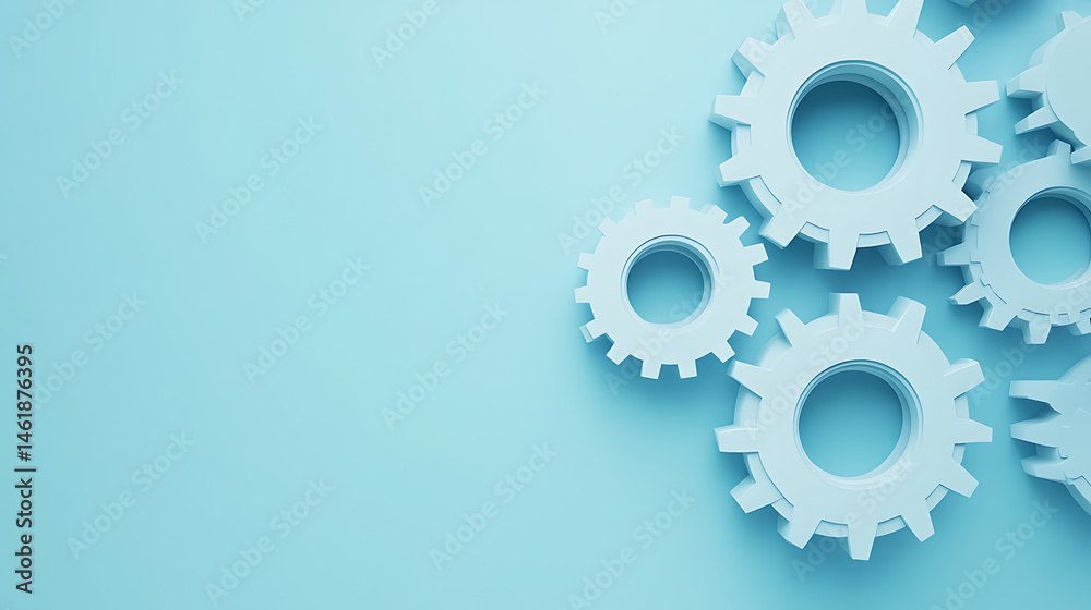 An arrangement of white gears on a blue background, suggesting mechanics, engineering, and teamwork.