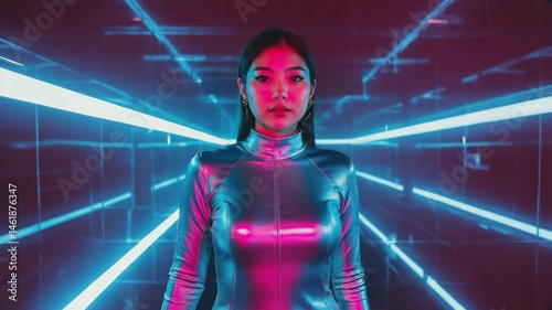 Futuristic woman neon lights cyberpunk fashion model sci-fi style asian woman silver suit tunnel glow future