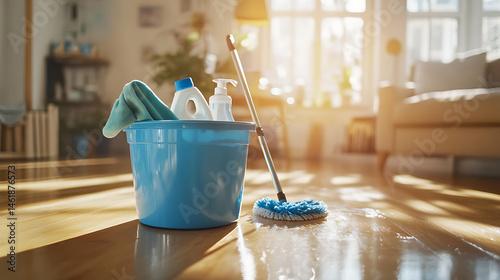 Household cleaning supplies in a light blue bucket with a mop on a polished hardwood floor in a living room. photo