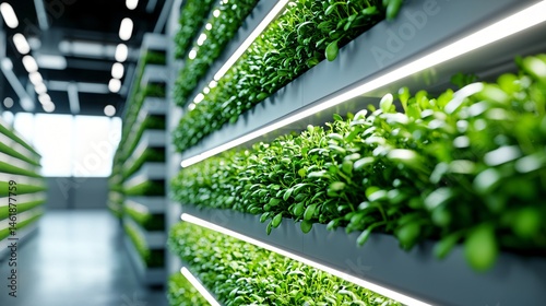 Realistic indoor farming system with vertical towers of microgreens, LED panel lighting above, detailed pipes for nutrients, neutral background tones, clean airspace around growing area